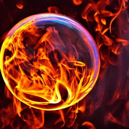 Image similar to soap bubble covered in fire flames, centered