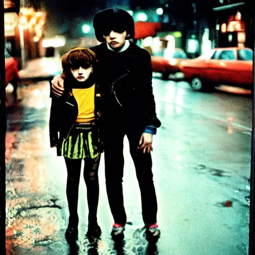 Image similar to night flash color portrait photography of punk kids on the lower east side by diane arbus, colorful!, nighttime!, raining!