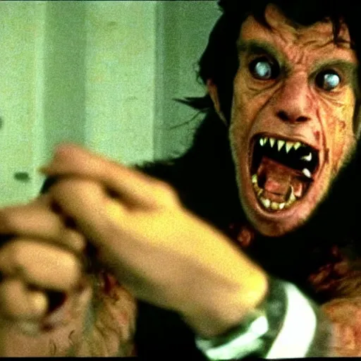 Image similar to film still of a funny looking werewolf extending out his hand in an american werewolf in london
