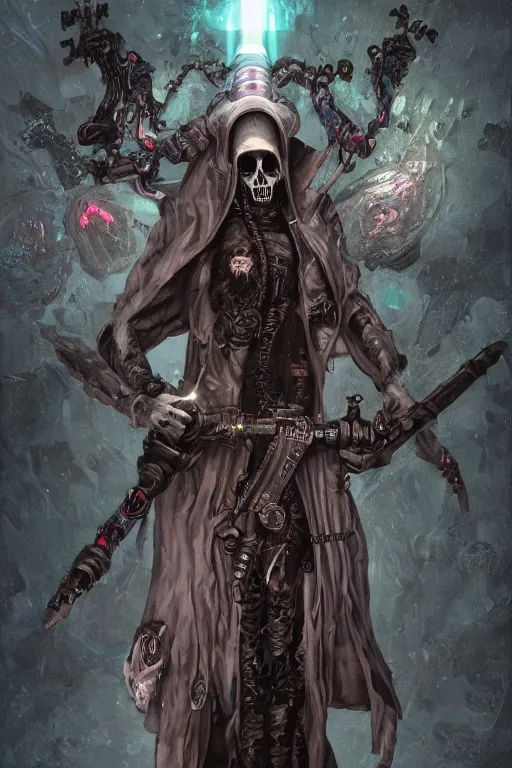 Image similar to punk grim reaper, hyper detailed, bioluminescent, background fortress, digital art, trending in artstation, cinematic lighting, studio quality, smooth render, unreal engine 5 rendered, octane rendered, art style by klimt and nixeu and ian sprigger and cushart and archan nair, jack kirby and simon bisley, physically based rendering