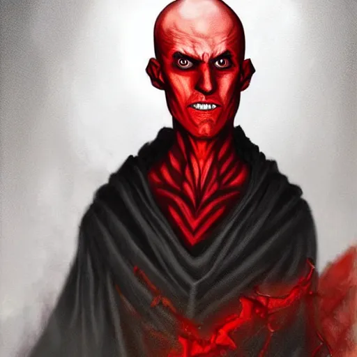 Image similar to d & d painting portrait necromancer man with bald head, red sunken eyes, pallid skin, long flowing black and red robes. fingers are bony and long