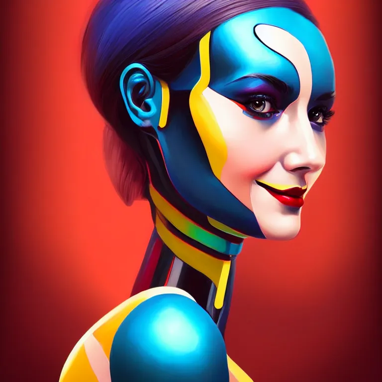 Image similar to android robot woman face painting, looking straight to camera, moderate colors, ornate, digital art, cute smile, winning artwork, digital painting, professional art, elegant, by Ilya Kuvshinov, by artgerm