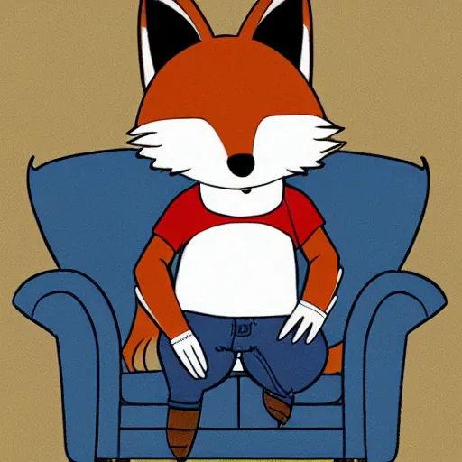 Prompt: an anthropomorphic fox wearing a t-shirt and jeans sitting on a couch, DeviantArt, Artstation, furry, furry, furry, furry, furry, anthro, anthropomorphic, furaffinity, cartoon, disney