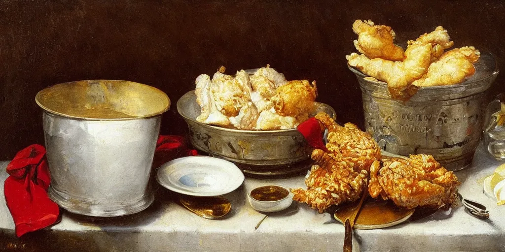 Image similar to a fineart still life painting of a KFC bucket and chicken on table. Oil on canvas, by Willem Kalf.