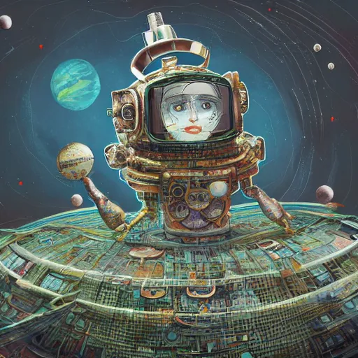 Prompt: On the morning of the robot queen's coronation, The Mekanik Doll, chubby moss kitten, Mount Fuji seen from the International Space Station, the theme of Alice in Wonderland, digital painting, concept art, illustration, deep dark, artstation, intricate, beautiful and thematically complex, ue5, by Dylan Kowalski and deiv calviz