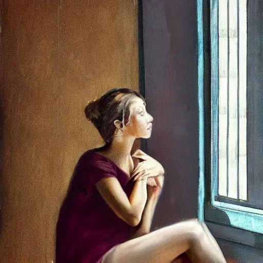 Image similar to girl sitting nearby a windowing, rainy outside, detailed, very fine face, strong lighting, by artists.