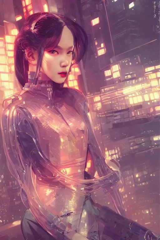 Image similar to portrait futuristic Ninja Girl, in future cyberpunk tokyo rooftop , ssci-fi, fantasy, intricate, very very beautiful, elegant, neon light, highly detailed, digital painting, artstation, concept art, smooth, sharp focus, illustration, art by tian zi and WLOP and alphonse mucha