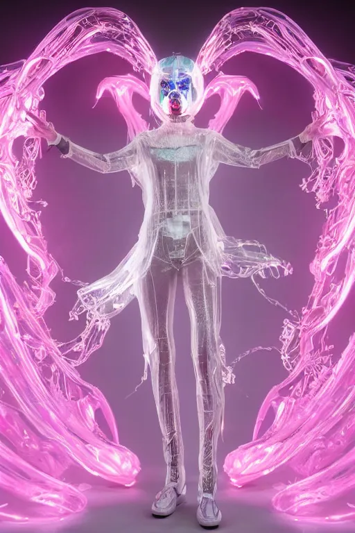 Prompt: full-body rococo and cyberpunk delicate crystalline sculpture of a muscular iridescent slender man as a humanoid deity wearing a thin see-through plastic hooded cloak sim roupa, posing like a superhero, glowing pink face, crown of white lasers, large diamonds, swirling black silk fabric. futuristic elements. oozing glowing liquid, full-length view. space robots. human skulls. throne made of bones, intricate artwork by caravaggio. Trending on artstation, octane render, cinematic lighting from the right, hyper realism, octane render, 8k, depth of field, 3D