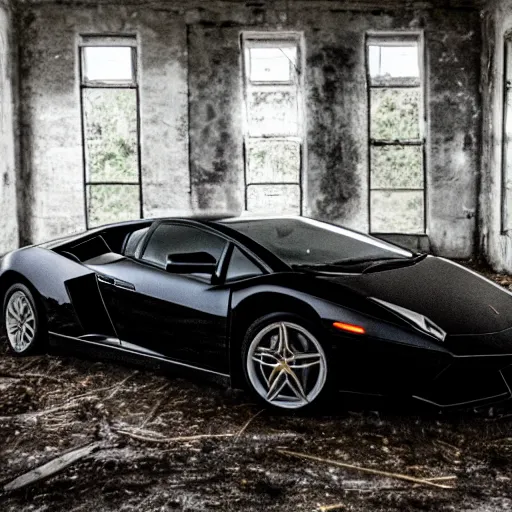 Prompt: grainy low quality photograph of a brand new lamborghini in a dark room in an abandoned house full of rotting fruit, only light source is the camera, very bad lighting