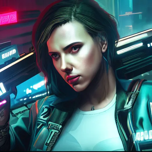 Image similar to scarlett johansson Cyberpunk 2077. CP2077. 3840 x 2160