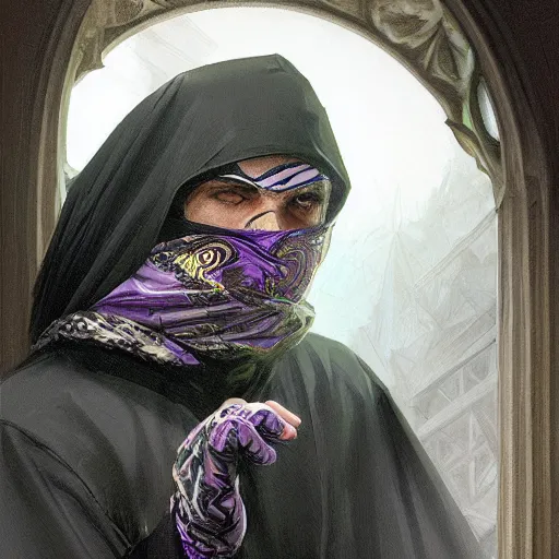 Image similar to ultra realistic illustration, man in a black hood, in a striped purple balaclava, mysterious, highly detailed, digital painting, artstation, concept art, smooth, sharp focus, illustration, art by artgerm and greg rutkowski and alphonse mucha