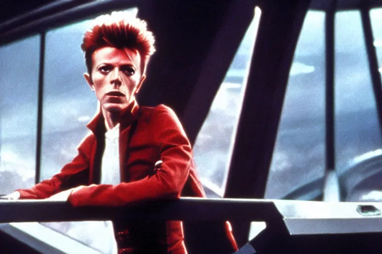 Image similar to a young David Bowie on the bridge of a starship, movie still,color,70mm