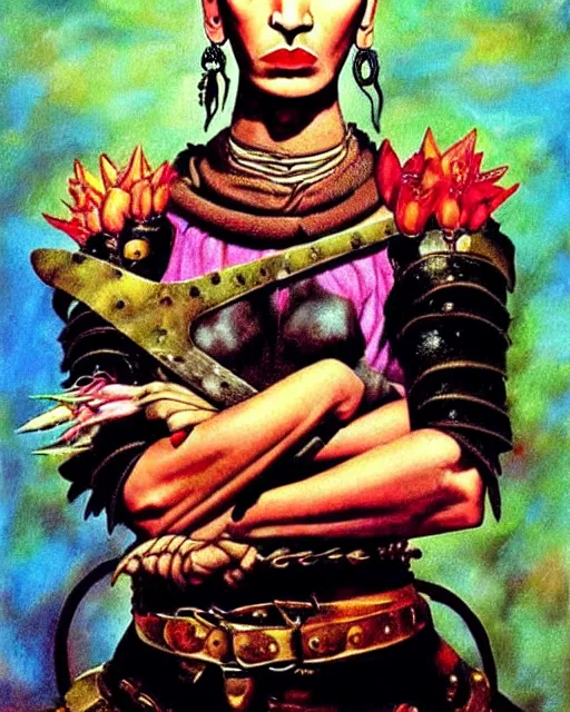 Image similar to portrait of a skinny punk frida kahlo wearing armor by simon bisley, john blance, frank frazetta, fantasy, thief warrior, floral flowers colorful