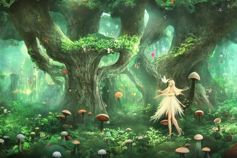 Image similar to a photo of the most beautiful gem in the world hovering in a mystical huge mushroom forest, dreamy