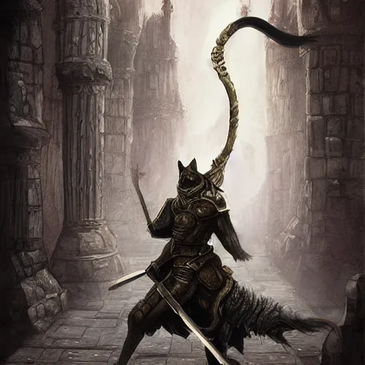 Prompt: cat in the style of dark souls Video game, fantasy art