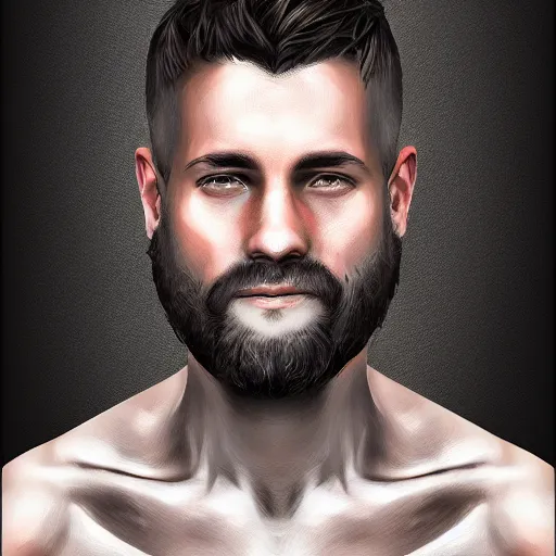 Image similar to realistic head portrait, 30 year old man, darker taint :: athletic, rough, angered :: short black hair :: chain mail :: high detail, digital art, RPG, concept art, illustration