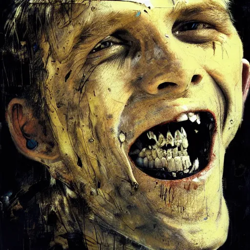 Prompt: portrait of a dentist with large, giant teeth, rotten teeth, yellow, broken, cavities, moldy by Mark Brooks and guy denning