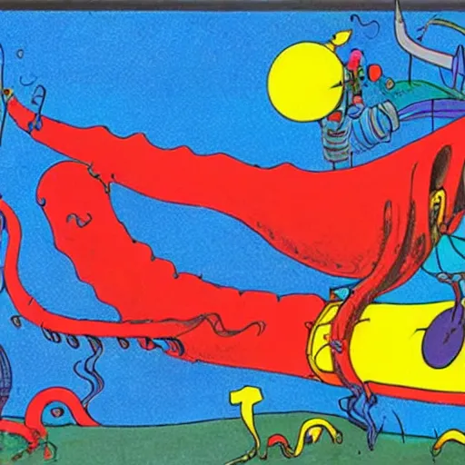 Image similar to A giant squid holding a yellow submarine, artist is Dr Seuss, vivid colors, kinetic, action shot,