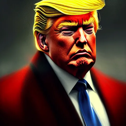 Image similar to Portrait of evil Donald Trump, red eyes, face, dark fantasy, intricate, elegant, highly detailed, digital painting, artstation, concept art, smooth, sharp focus, illustration, art by tran ross and artgerma and greg rutkowski