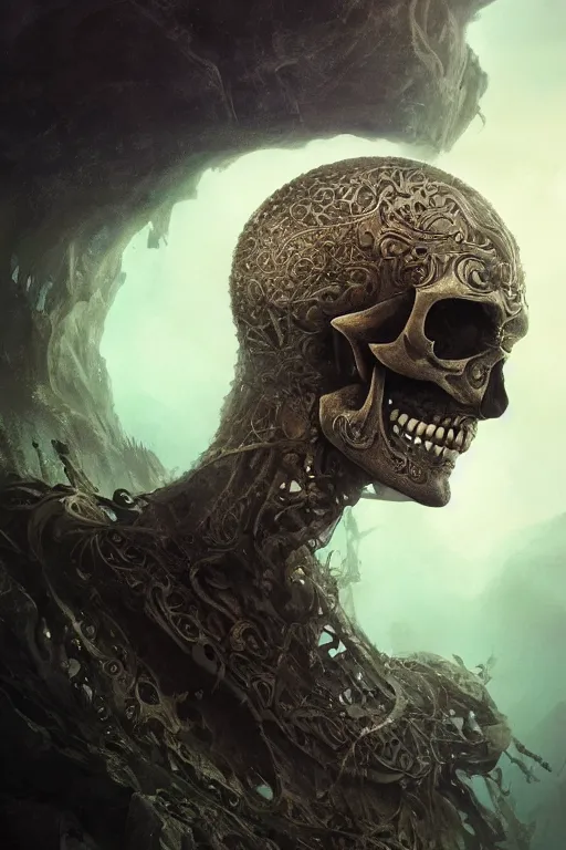 Image similar to atlantis skull, close - up portrait, powerfull, intricate, elegant, volumetric lighting, scenery, digital painting, highly detailed, artstation, sharp focus, illustration, concept art, ruan jia, steve mccurry