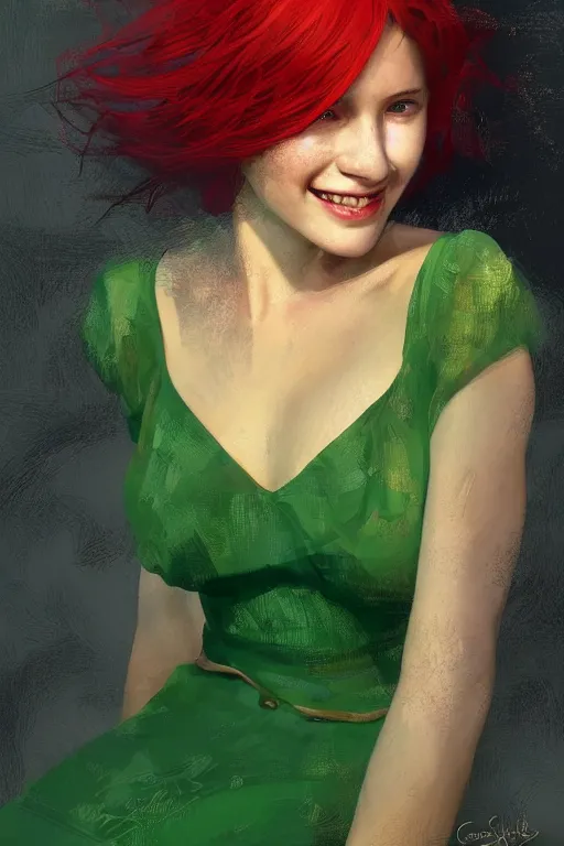 Image similar to Highly detailed portrait painting of a beautiful young woman with red hair, smiling by Craig Mullins and Ross Tran, Green dress, Golden Background, Fabric texture, Golden thread, intricate patterns, Trending on artstation, pinterest, cgsociety, 4k, 8k, HDR, award winning, unreal engine