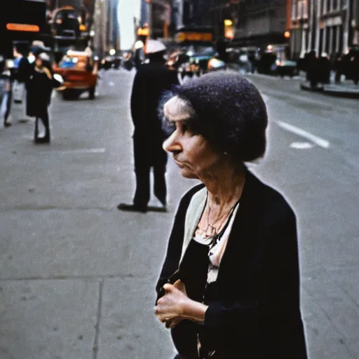 Image similar to medium format film candid portrait of a woman in new york by street photographer, 1 9 6 0 s, depth of field woman portrait featured on unsplash, photographed on colour expired film