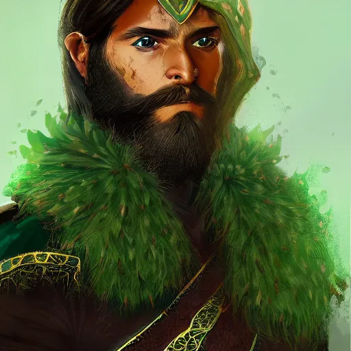 Image similar to A portrait of a king with a trimmed beard, dual wielding swords, wearing green dragon scale armor and a cheetah pelt cloak, fantasy, artstation