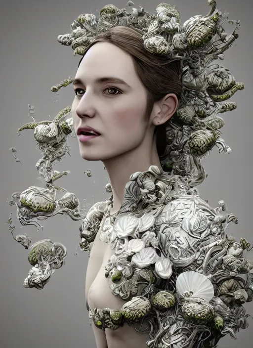 Prompt: dreamt in 2 3. 7 7 s for @ abdu's! dream complex intricate 3 d render hyper detailed ultra sharp of a cyborg beautiful porcelain smooth woman portrait with big leaves and stems in her hair, white magnolia, overgrown foliage, fungi pores mesh, white ornate armor, vincent callebaut, swirling smoke, white background, octane, 8 k,