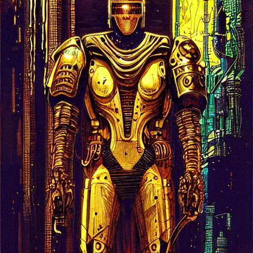 Image similar to cyberpunk knight, upper body, atmospheric lighting, painted, intricate, golden hour, ultra detailed by philippe druillet