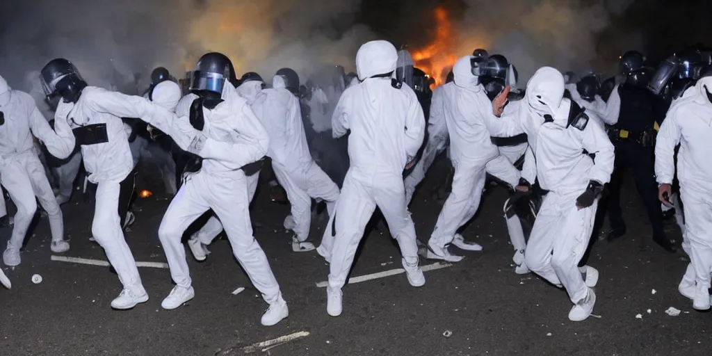 Image similar to photo of young men wearing white tracksuits fighting cops in a riot with burning cars at night, close shot, editorial photography