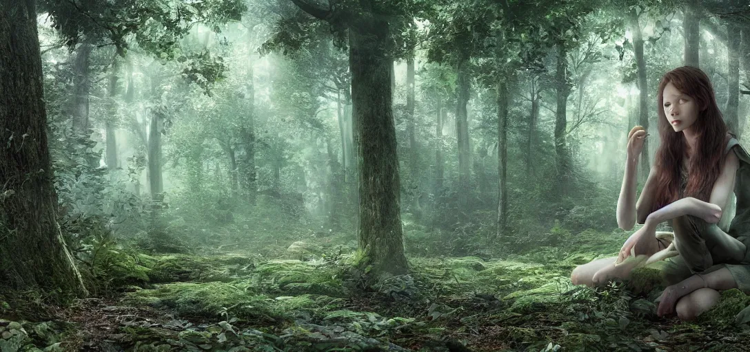 Image similar to A beautiful hyper realistic ultra detailed lifelike matte painting of a lost girl in the woods, unreal engine, deviantart, flickr, artstation, octane render, textured, colorful, extreme realistic detail, physically based rendering, pbr render, very detailed, volumetric lighting, detailed lighting, octane render, 4k, cinematic lighting, 8k resolution