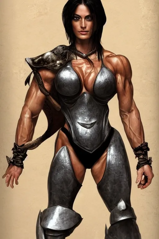 Image similar to fantasy character photo. imposingly tall, broadshouldered, muscular woman. pretty, phoebe tonkin. halfelf. short black hair. thick hypertrophied ripped sinewy swole steroid muscular arms and broad shoulders are bare. fully dressed, rest of body entirely covered by polished silver cobalt armor. built like female bodybuilder. fully dressed. female.