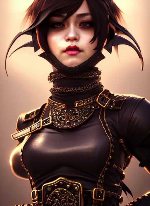 Image similar to rogue, fantasy ornate leather bandit outfit!!! close - up portrait beautiful and athletic short hair female!! gorgeous face and eyes!! character concept art, sharp focus, octane render! unreal engine 5! highly rendered!! trending on artstation!! detailed linework!! illustration by artgerm, wlop, and chie yoshii