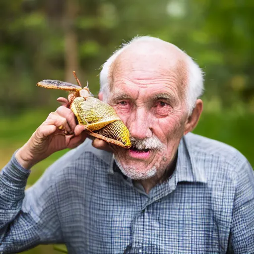 Image similar to an elderly man eating a giant bug, canon eos r 3, f / 1. 4, iso 2 0 0, 1 / 1 6 0 s, 8 k, raw, unedited, symmetrical balance, in - frame