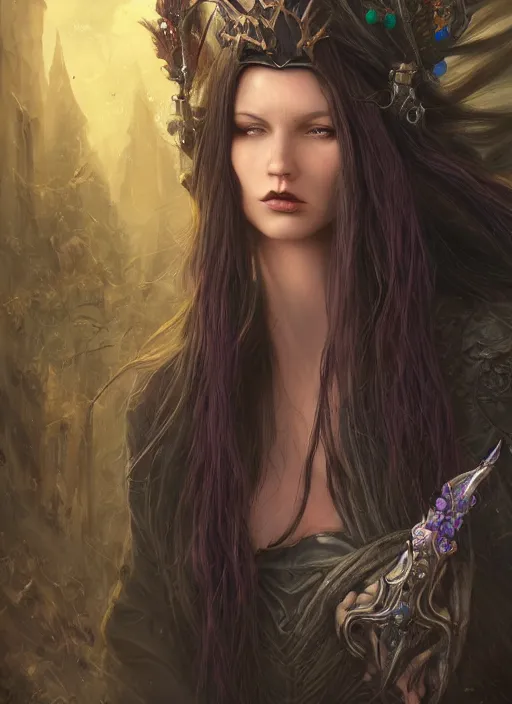 Image similar to mysterious dark and beautiful witch with long hair and a crown, fantasy, medieval, vivid colors, fantasy, elegant, concept art, sharp focus, beautiful face!!, digital art, Hyper-realistic, 4K, Unreal Engine, Highly Detailed, HD, Dramatic Lighting by Brom, trending on Artstation