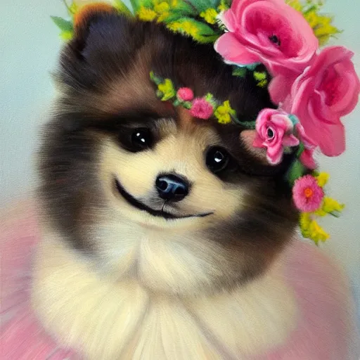 Prompt: anthromorphic fluffy pomeranian puppy dressed in princess robe and flower crown, detailed 4 k oil painting