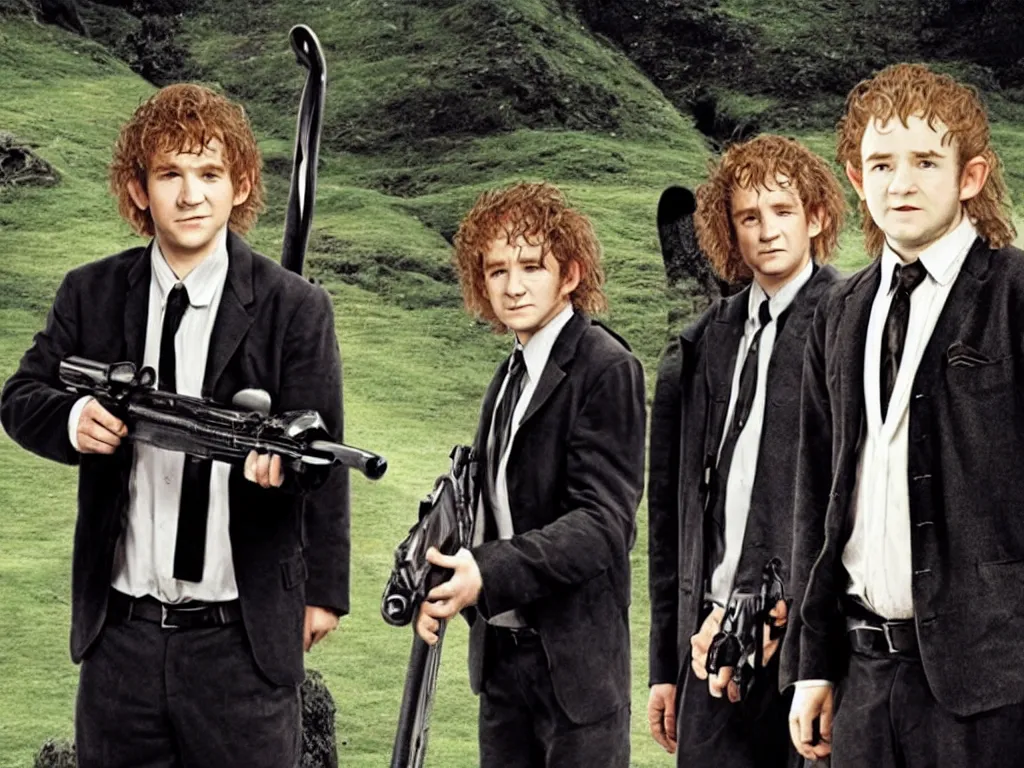 Image similar to hobbits as men in black