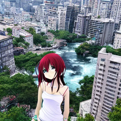 Image similar to anime girl looks from a cliff at a huge city