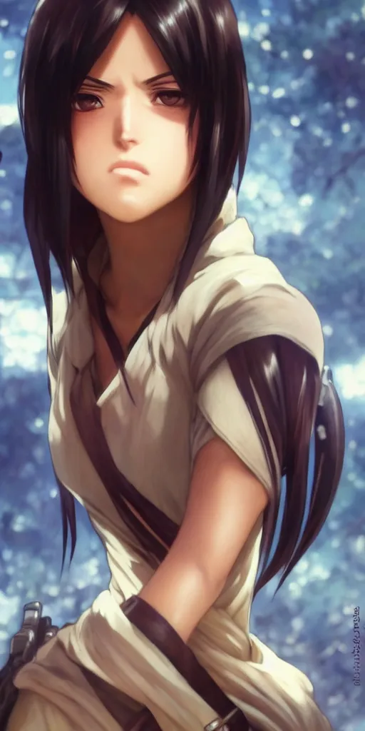 Image similar to mikasa ackerman, hero pose, medium shot, bokeh, beautiful face!!!!, 2 7 years old, cg animation, lifelike, animated, realistic, character select portrait, by artgerm, greg rutkowski, alphonse mucha, 3 d