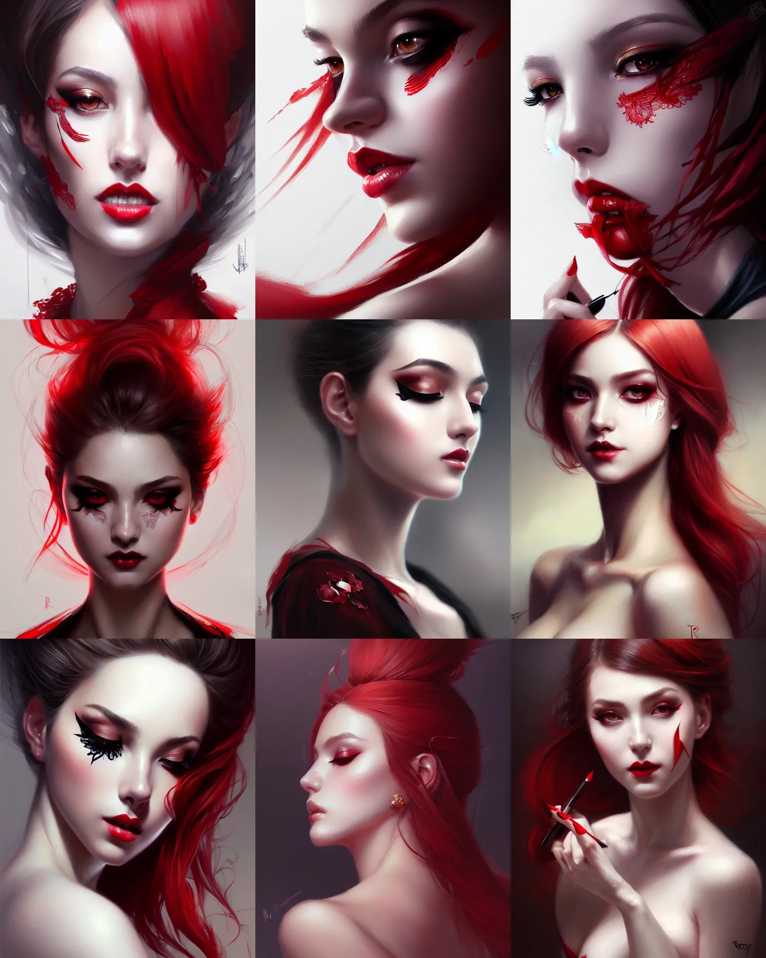Prompt: 3 / 4 view of portrait lady with eyeliner makeup, lingeries beauty, intricate, elegant, sharp focus, illustration, highly detailed, digital painting, concept art, art by wlop and artgerm and greg rutkowski and ross tran, masterpiece, red and white and black colors