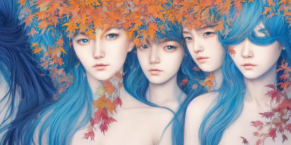 Image similar to breathtaking detailed concept art painting pattern of blue hair faces goddesses amalgamation autumn leaves with anxious piercing eyes, by hsiao - ron cheng and james jean, pastel colors, bizarre compositions, exquisite detail, 8 k