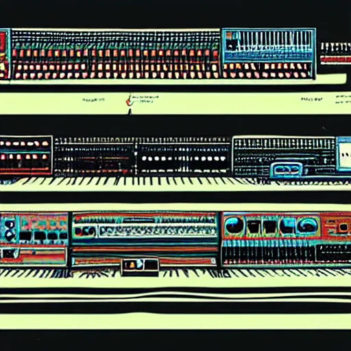 Prompt: illustration of a modular synth by roger dean