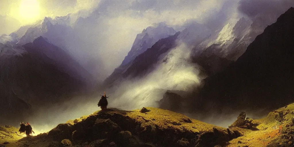 Prompt: black devil hiking in the swiss alps by Ivan Aivazovsky