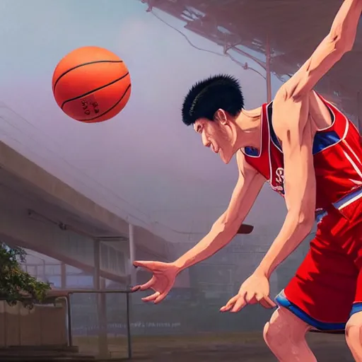 Image similar to highly detailed hanamichi sakuragi of slam dunk, in gta v, stephen bliss, unreal engine, fantasy art by greg rutkowski, loish, rhads, ferdinand knab, makoto shinkai and lois van baarle, ilya kuvshinov, rossdraws, tom bagshaw, global illumination, radiant light, detailed and intricate environment