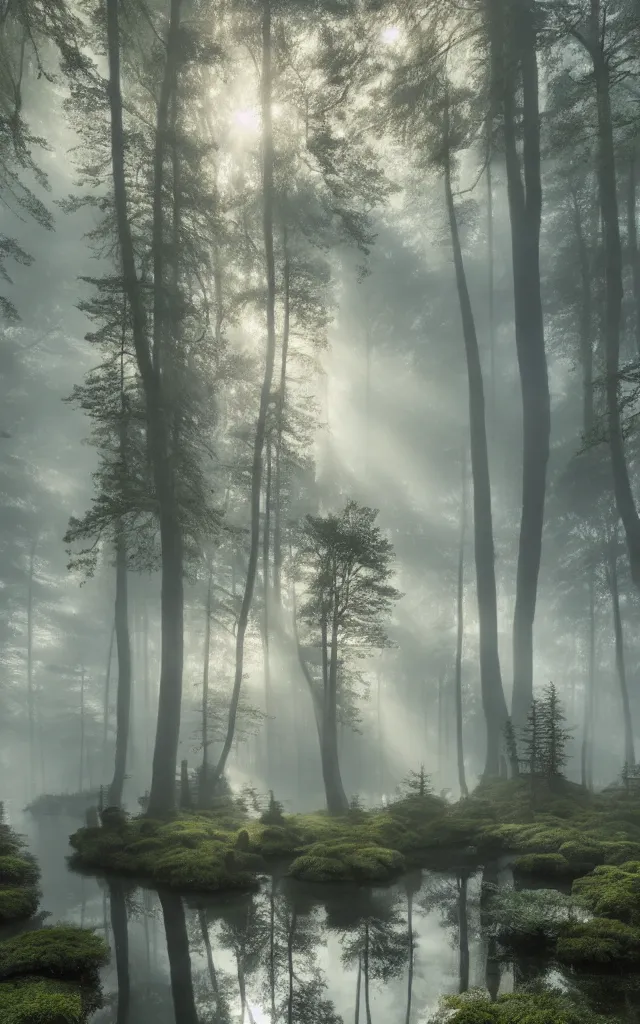 Prompt: a clear and shining pond surrounded by tall trunks and fir trees, fog, a ray of sunshine, dramatic atmosphere, reflections highly detailed, cinematic lighting, perfect composition, 4 k, gustave dore, derek zabrocki, greg rutkowski, belsinsk