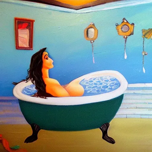 Image similar to oil painting of a mermaid in a bathtub, gritty, small new york appartment,