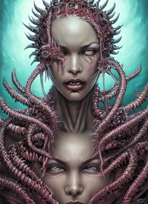 Image similar to a hyper detailed face portrait of the queen of blades smiling, diablo 4 lilith, by yusuke murata, by hiroya oku, by dorian cleavenger, by tom bagshaw, by zdzisław beksinski, trending on artstation