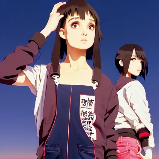 Image similar to a beautiful boyish natalie portman gravure model, wearing oversized mayan bomber jacket and leotard with overalls, bulky poofy bomber jacket with mesoamerican patterns, mesoamerican street fashion, gapmoe yandere grimdark, trending on pixiv fanbox, painted by greg rutkowski makoto shinkai takashi takeuchi studio ghibli, akihiko yoshida