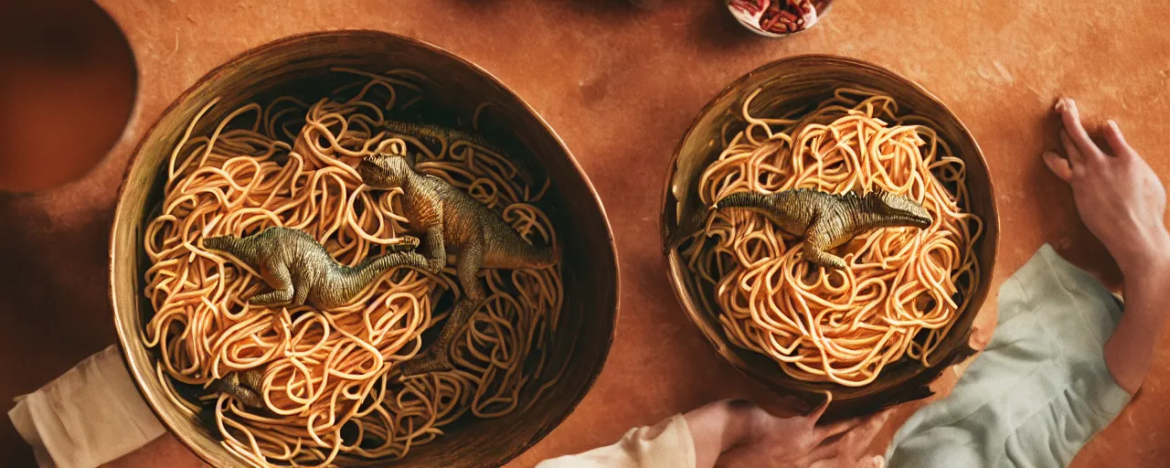 Image similar to dinosaurs living inside a bowl of spaghetti, canon 5 0 mm, cinematic lighting, photography, retro, film, kodachrome