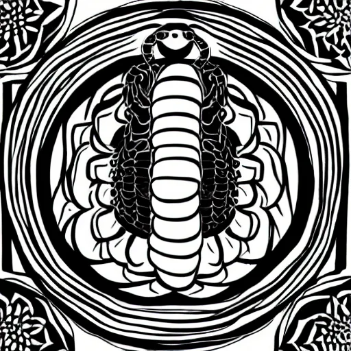 Prompt: detailed, black and white, a snake surrounded by lotus flowers and geometry